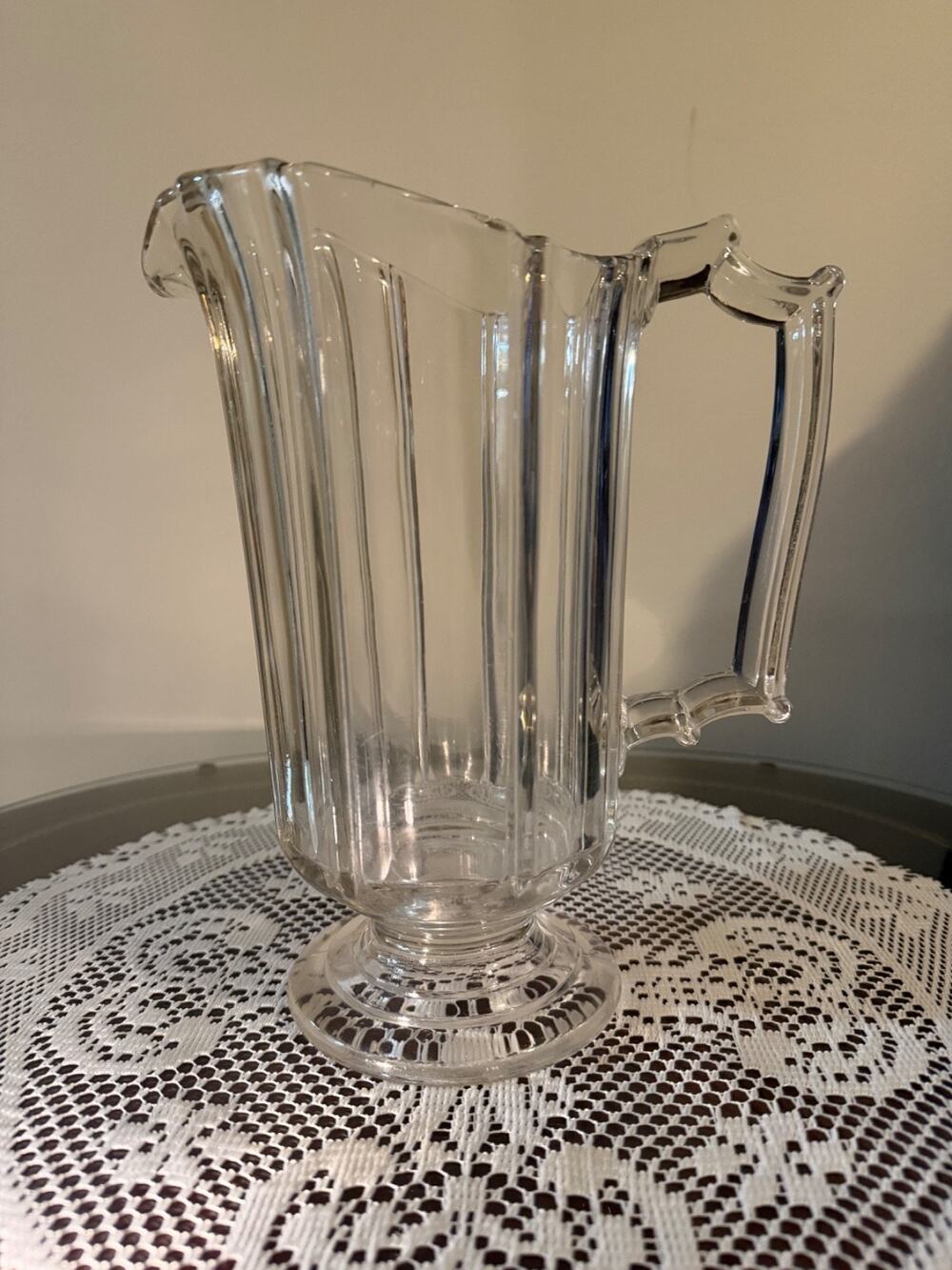 Vintage Early American Pressed Heavy Glass Pitcher Vertical Ribbon EXCELLENT